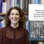 Amanda Eubanks Winkler next to her new book, Music, Dance, and Drama in Early Modern Schools.