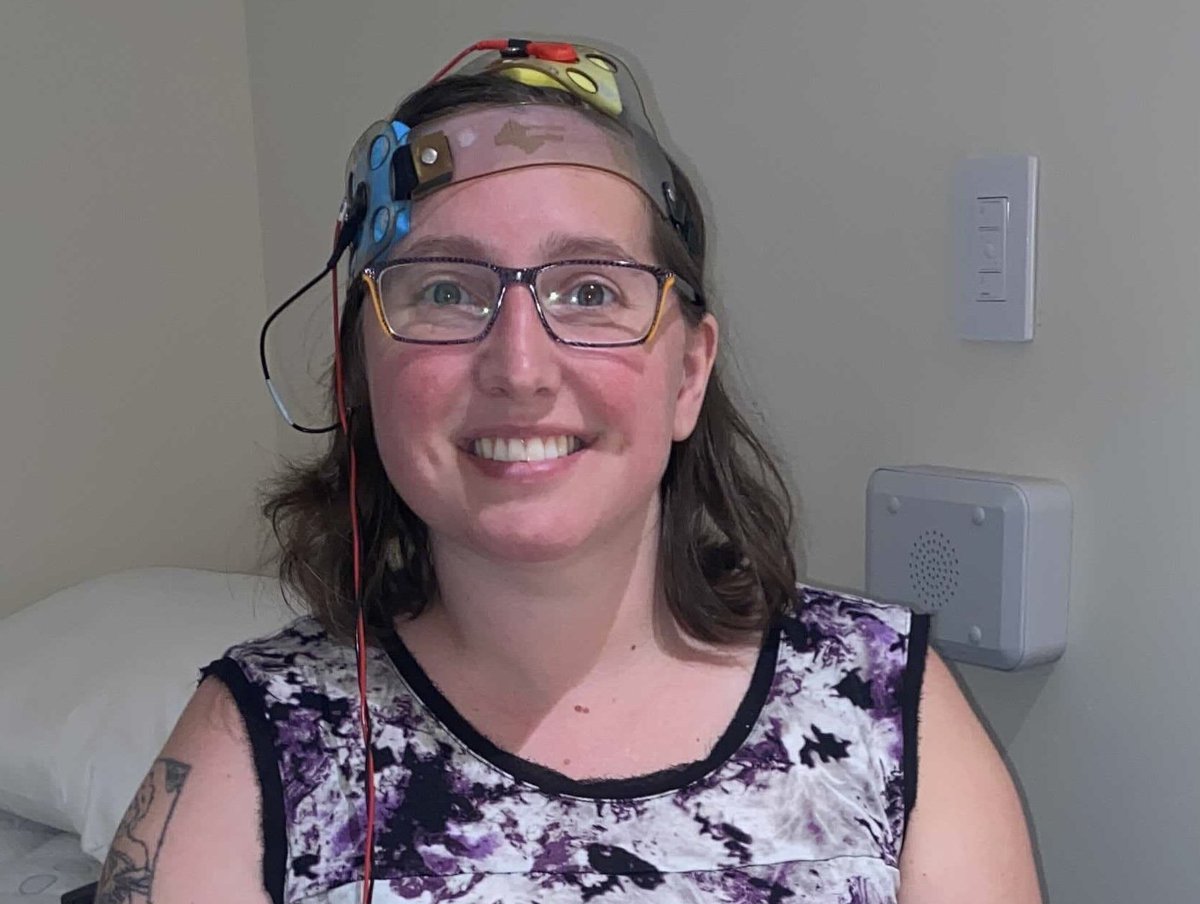 A patient receiving transcranial direct current stimulation at the Aphasia Lab.