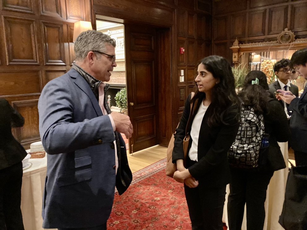 David Tobin ’91 chats with Ashima Dhawan during a networking session at the Lubin House.
