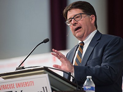 Dean Strang speaks during his recent visit to the Maxwell School.