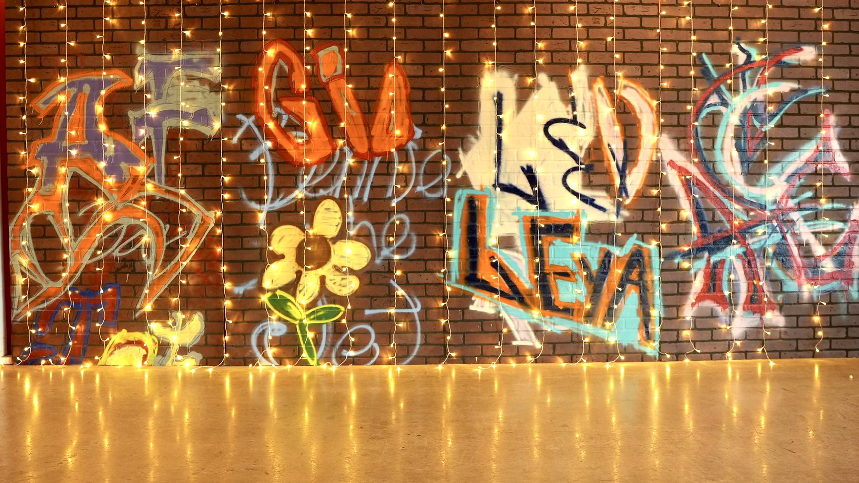 Detail of a graffiti art installation at La Casita