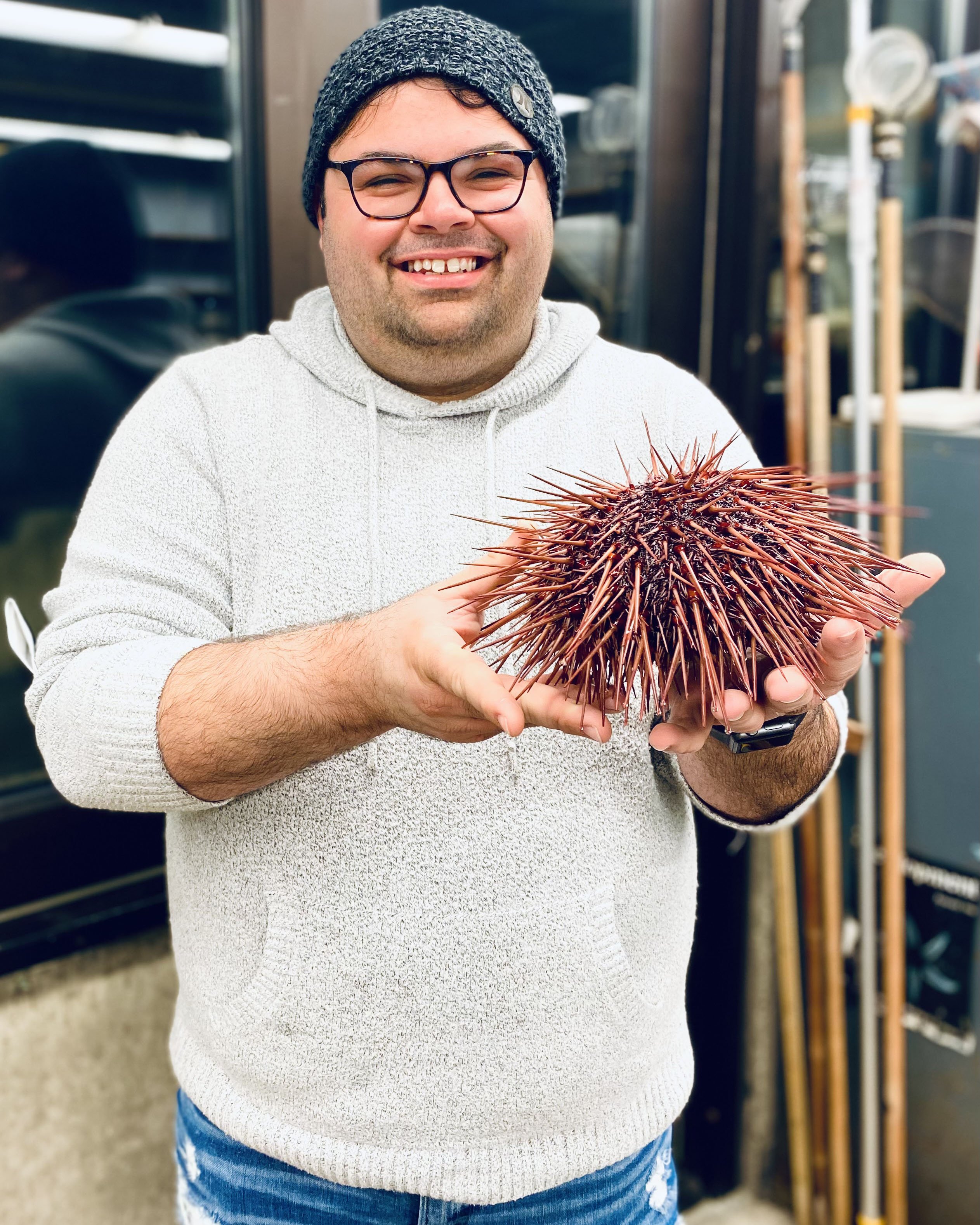 man holding sea urchin