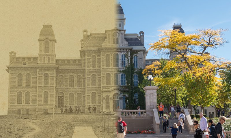 Hall of Languages in the 1870s, left, and today, right.