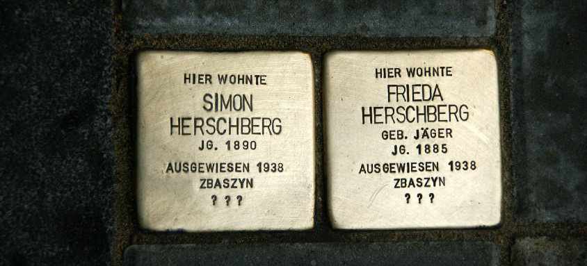 Close-up view of the stumbling stones honoring Simon and Frieda Herschberg.