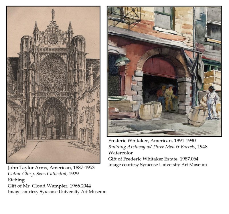 Photo on left called "Gothic Glory, Sens Cathedral" in 1929. Photo on right called "Building Archway with Three Men and Barrels" in 1948