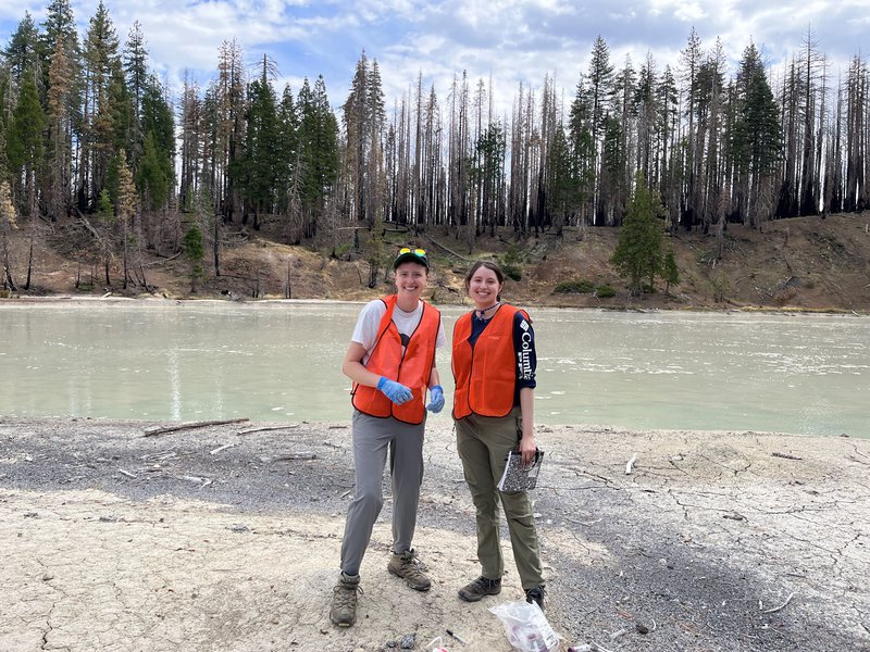 Angela Oliverio and Hannah Rappaport lake at Lassen Volcanic National Park in California