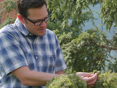 Jason Fridley shown in the Syracuse University Climate Change Garden