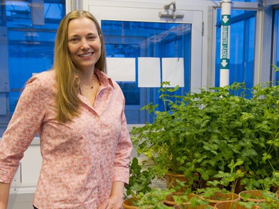 Professor Kari Segraves in the greenhouse above the Life Sciences Complex