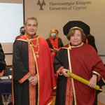 Professor Jaklin Kornfilt (right) accepting an honorary doctorate during a ceremony at the University of Cyprus.