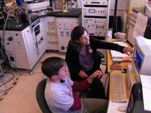 Joseph Kula and Suzanne Baldwin review results from mass spectrometer analysis of minerals in SU's Noble Gas Isotope Research Laboratory (SUNGIRL)