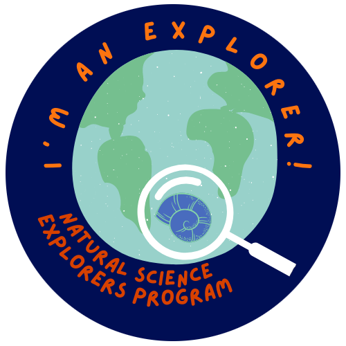 Logo of the program. Cartoon of the Earth  with a magnifying glass zooming in a fossil. Text above Earth "I&#x27;m an explorer!". Text below Earth "Natural Science Explorers Program."