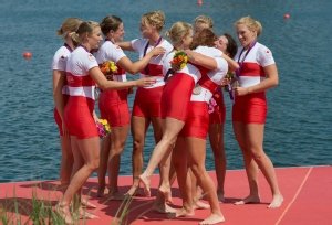 Arts and Sciences junior Natalie Mastracci picks up coxswain Lesley Thompson-Willie as they celebrate their silver medal performance in women's eight rowing at the 2012 London Olympic Games. Photo Credit: Canadian Olympic Committee: Jason Ransom