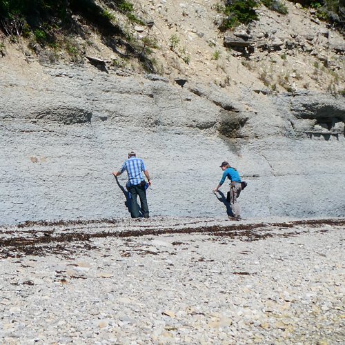Researchers examine an Ordovician Period outcrop on the shoreline of Anticosti Island.