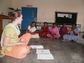 Sarah Walton, far left, works with teachers at the Swami Vivekananda Youth Movement facility in Saragur, India