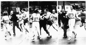 1967 Boston Marathon: A race official tries to remove Kathrine Switzer from what was then an all-male event. Photo by Harry Trask for AP Images. 