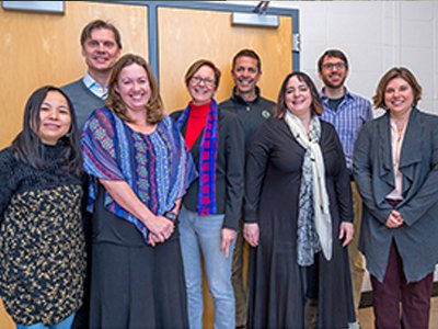 Members of the TRACE team, from left to right: Lu Xiao, Carsten Oesterlund, Kate Kenski, Jennifer Stromer-Gallery, James Folkstad, Rosa Mikeal Martey, Brian McKernan, and Debi Plochocki.