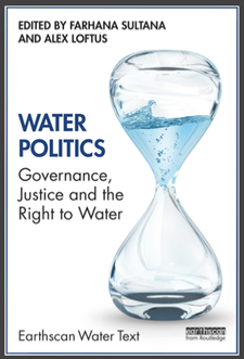 Water Politics cover shows an hourglass with water in it.