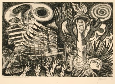 Cárdenas has devoted his career to studying the tension between Latino art and politics, as depicted in this etching by José Antonio Aguirre. 