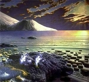 Earth's landscape, as it may have looked more than 2.5 billion years ago. (From a painting by Peter Sawyer, The Smithsonian Institute)