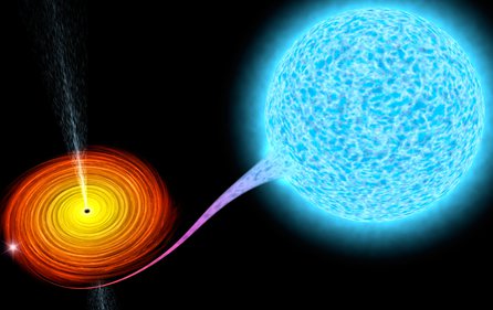 A 3D illustration of a black hole, left, absorbing a star. (Alex Mit / Shutterstock Inc.) 
