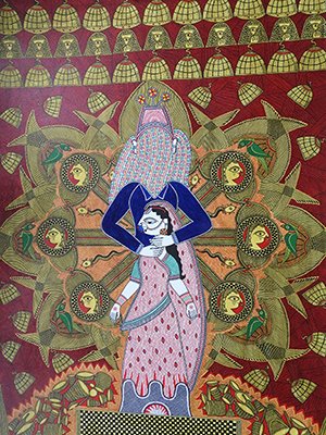 "Burning the Bride," a Mithila painting from Susan S. Wadley's personal collection, on display at ArtRage