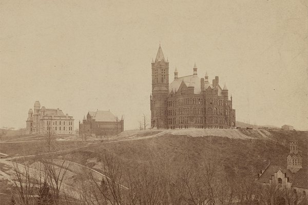Campus in 1889: Hall of Languages, Van Ranke Library (now Tolley) and Crouse College