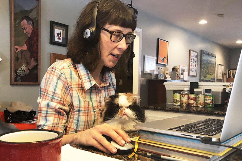 woman at work desk with cat