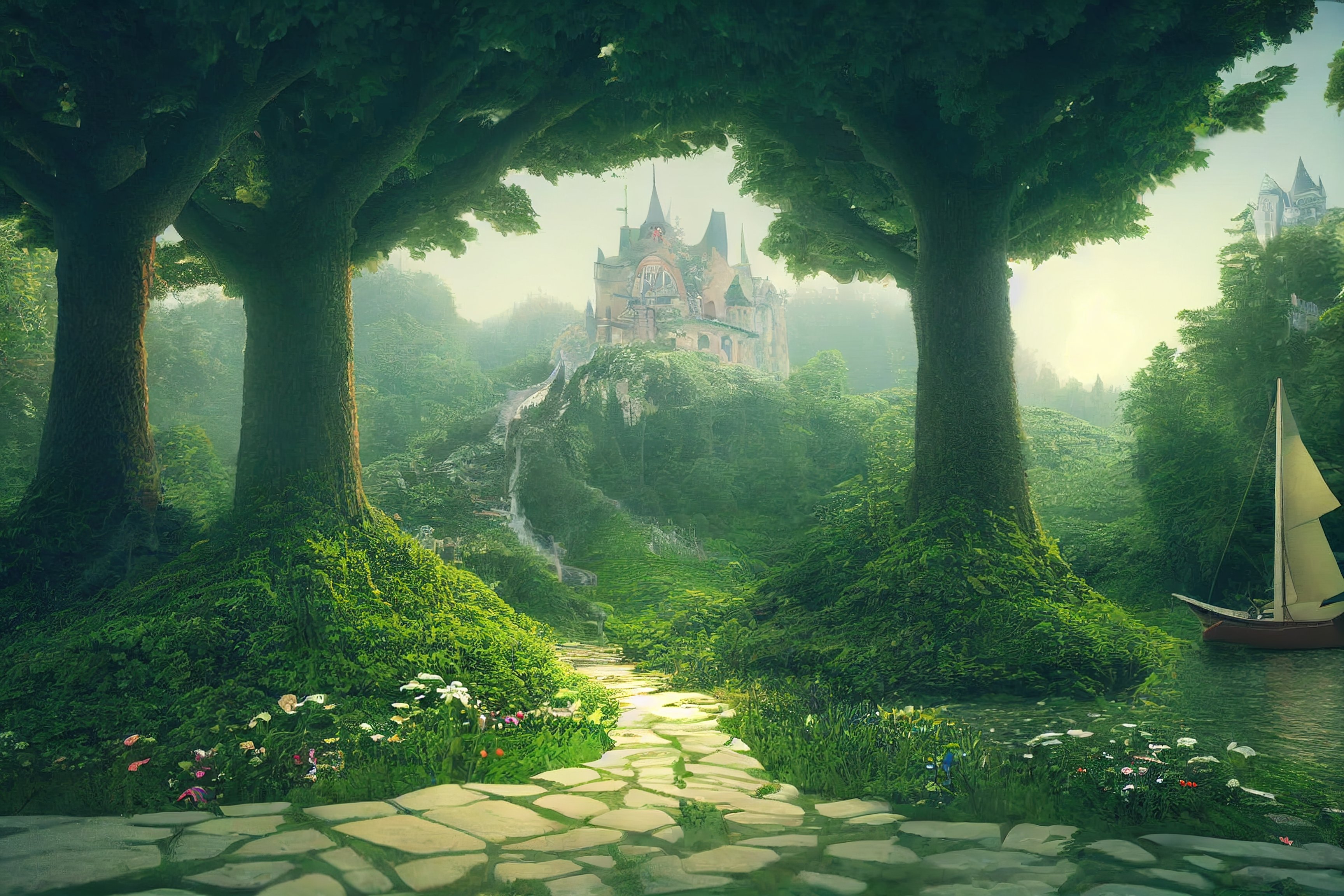 Fairy tale woodland onto a castle and a sailing ship