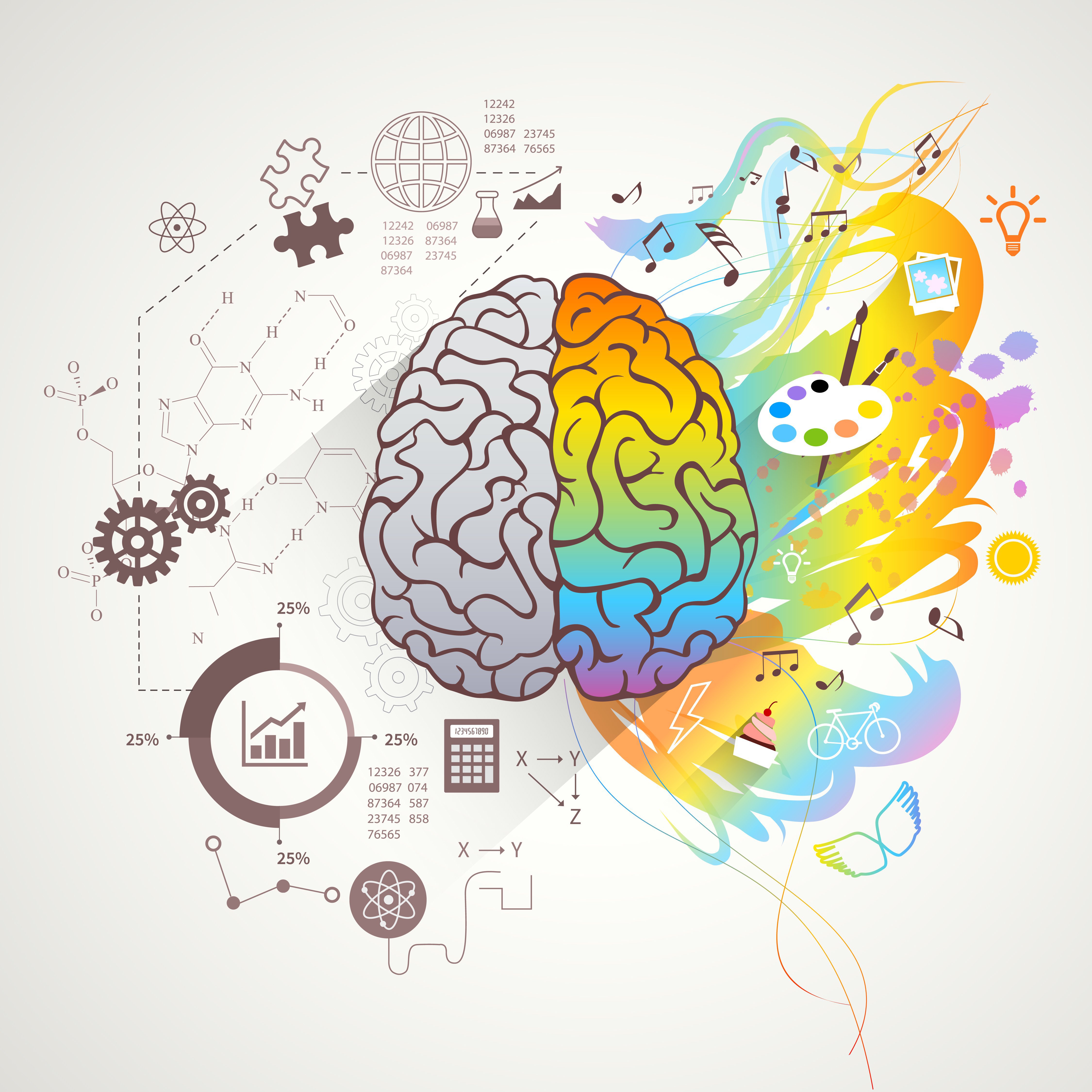 Illustration of a brain with monochrome left side surrounded by science icons , the right side in rainbow surrounded by arts icons.