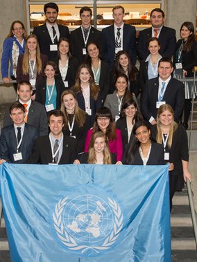 Syracuse's 2015 MUN Delegation includes faculty advisor Francine J. D'Amico (top row, far left) and teaching assistant Jennifer-Lee Nieves Álvarez '13, G'16 (top row, far right). Missing is Jeahyung Chang '15. 