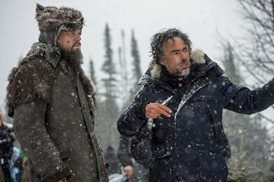 Alejandro G. Iñárritu directing Leonardo DiCaprio in “The Revenant.” (Kimberley French/20th Century Fox)