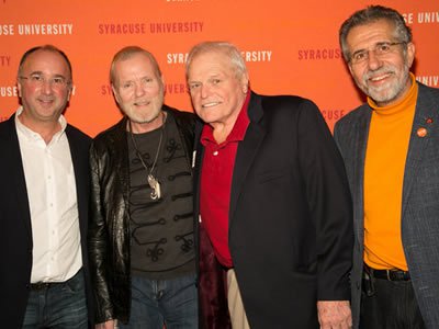 David Rezak (far right) with artist manager Michael Lehman (far left), musician Gregg Allman, and actor Brian Dennehy at a Syracuse alumni event. (Photo by Eric Weiss) 