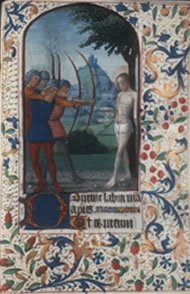 A miniature of St. Sebastian inflicted with arrows from the "Book of Hours," published in France, post-1450; MS3, Special Collections Research Center, Syracuse University Library.