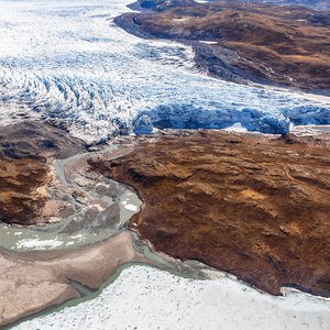 Aerial view of a retreating glacier.
