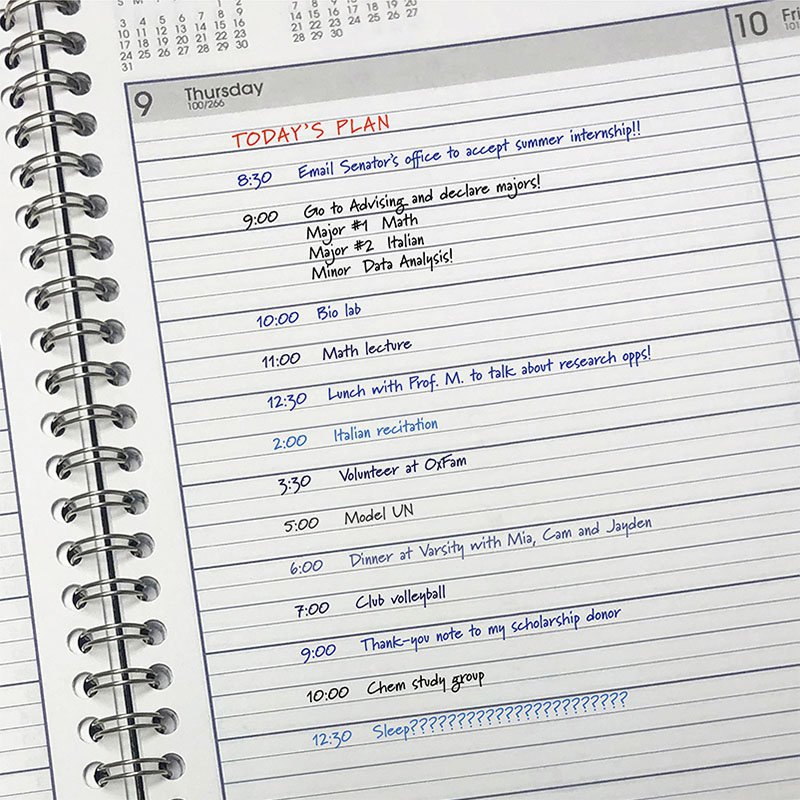 A daily planner with a full day of activities.